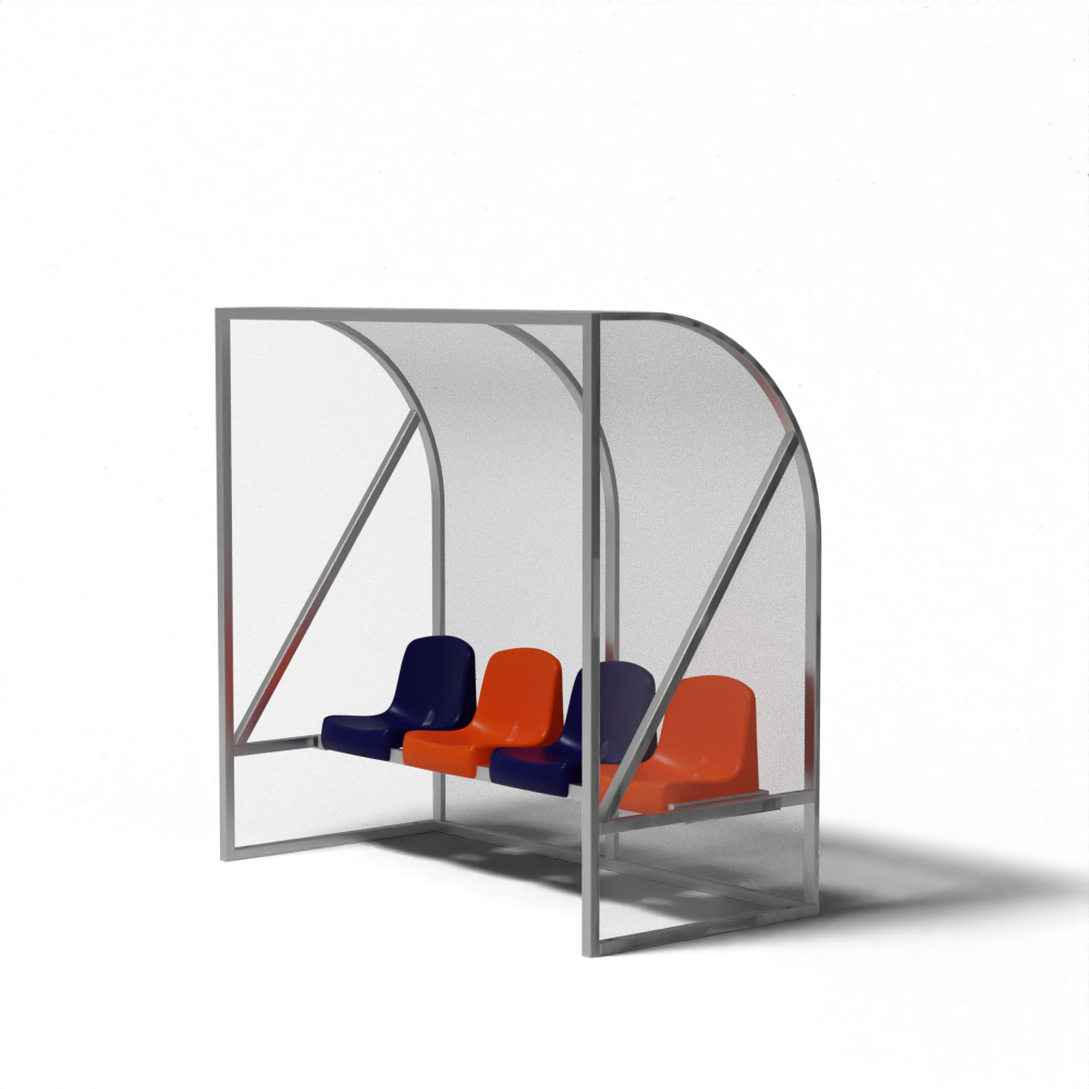 Kleine dug-out met gebogen dakconstructie, aluminium frame en vier kunststof kuipstoelen voor 4 personen