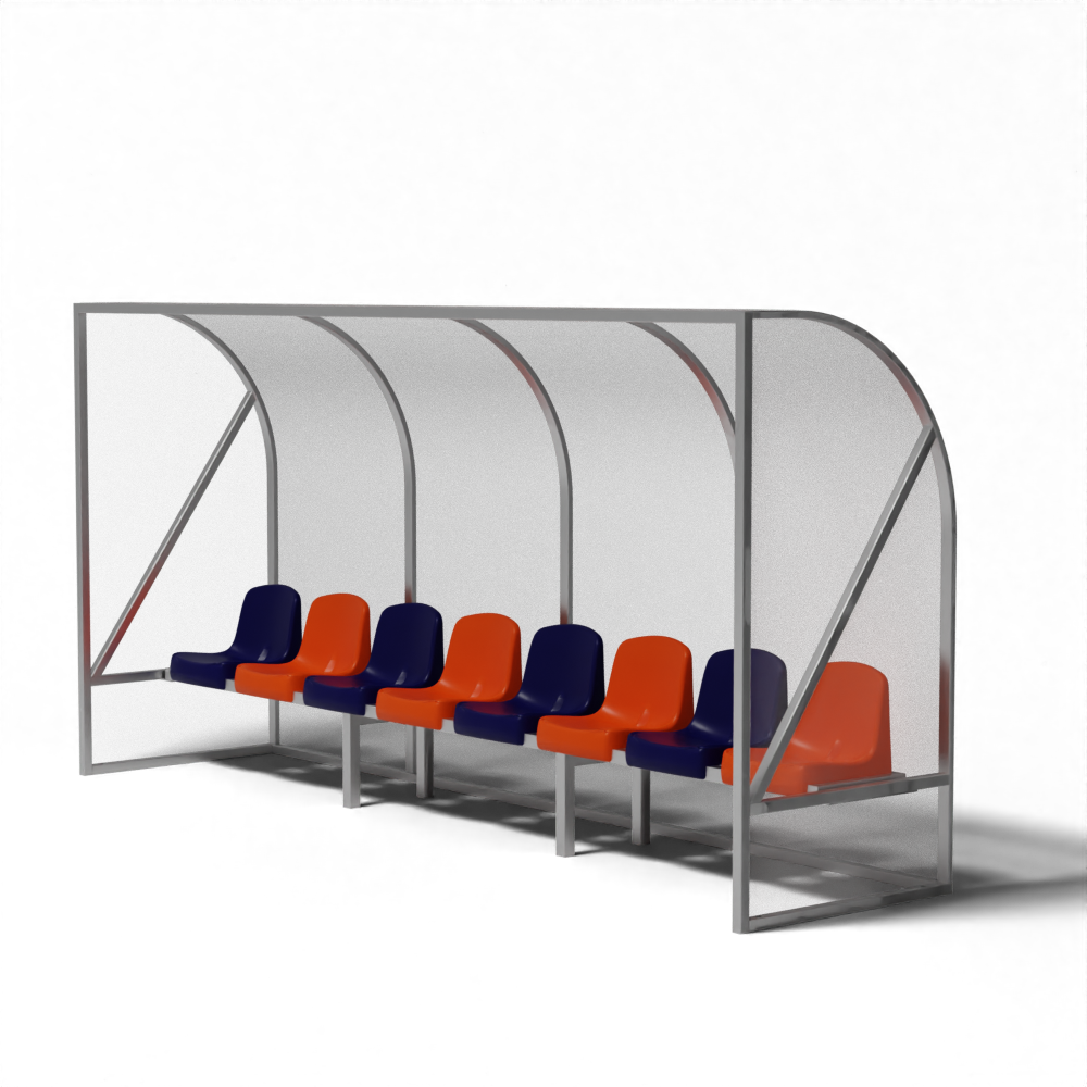 Sportieve dug-out met 8 kuipstoelen in teamopstelling
