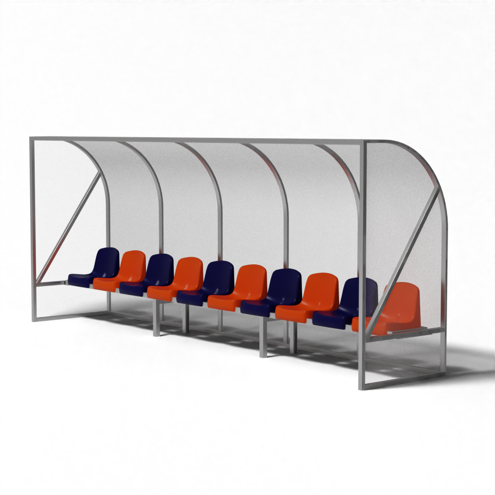 Dug-out van 5 meter met kuipstoelen in clubkleuren voor 10 personen