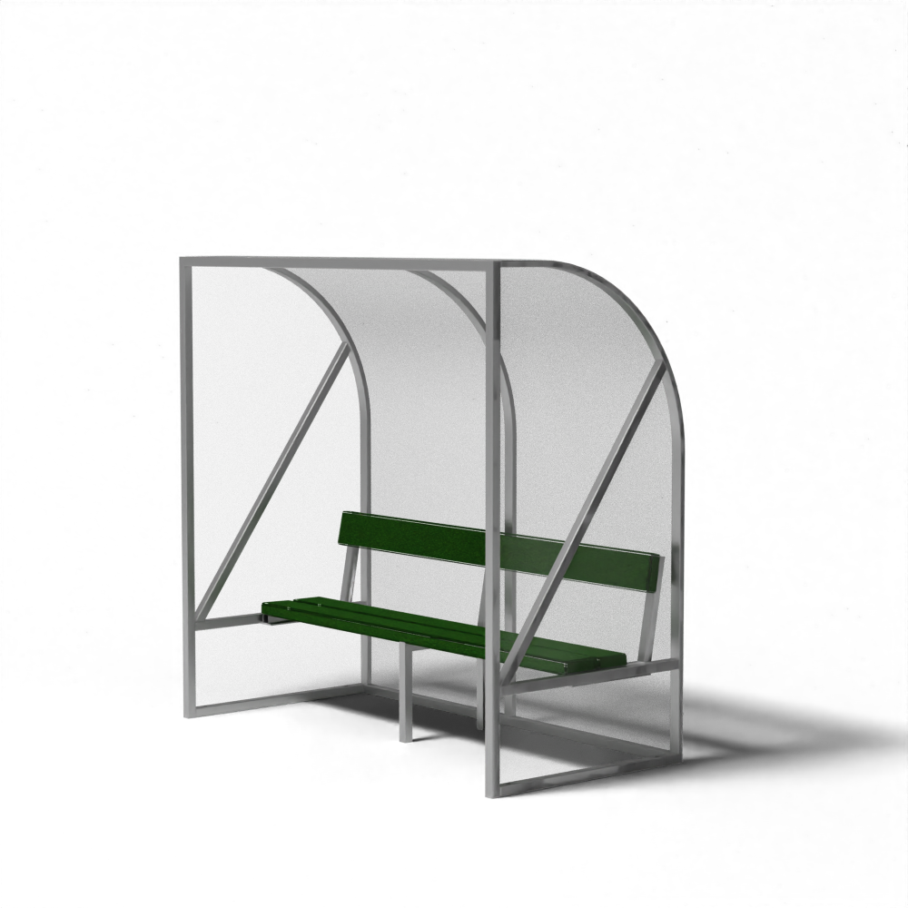 Dug-out van 2 meter voor 4 personen met zitbank van gerecycled kunstgras en transparante wanden