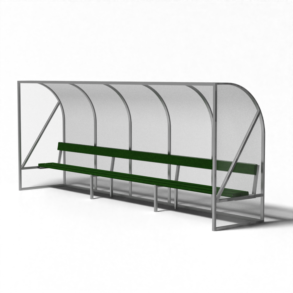 Dug-out van 5 meter met groene kunstgrasbank voor 10 personen