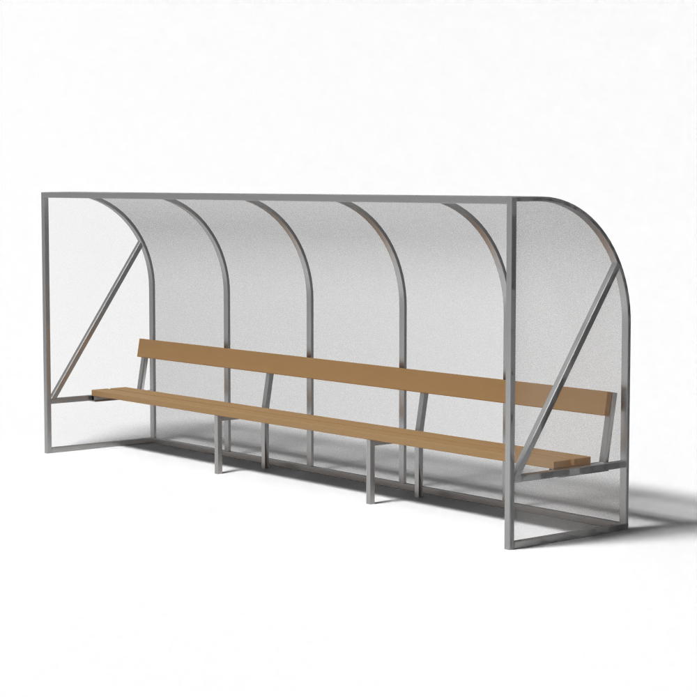 Dug-out van 5 meter voor 10 personen met vurenhouten zitbank en transparante overkapping op aluminium frame