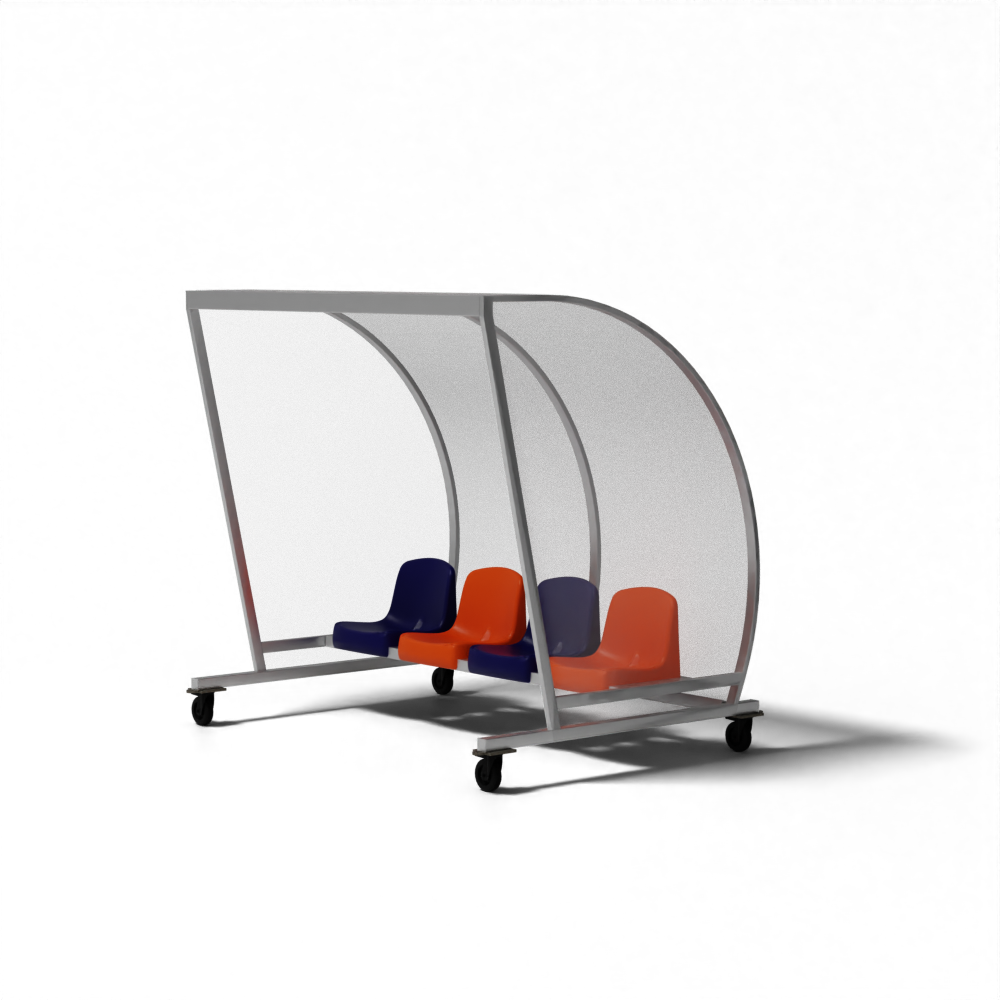 Verrijdbare dugouts van SKOR met comfortabele kuipstoelen en stevig aluminium frame voor bijvelden