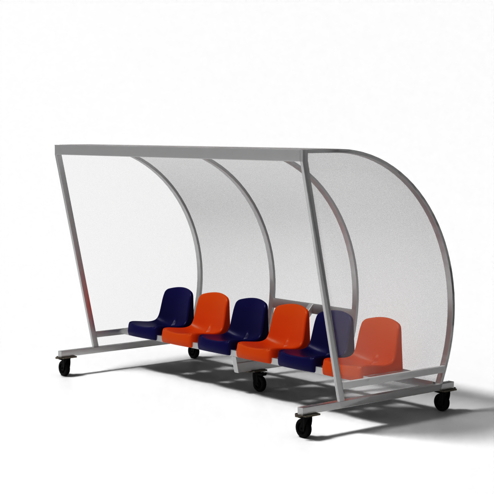 Verrijdbare dug-out van SKOR voorzien van kuipstoelen en 4 stevige wielen voor eenvoudig verplaatsen