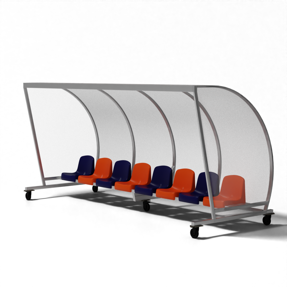 Mobiele dugout van SKOR met kuipstoelen, transparante wanden en stevige constructie voor intensief gebruik