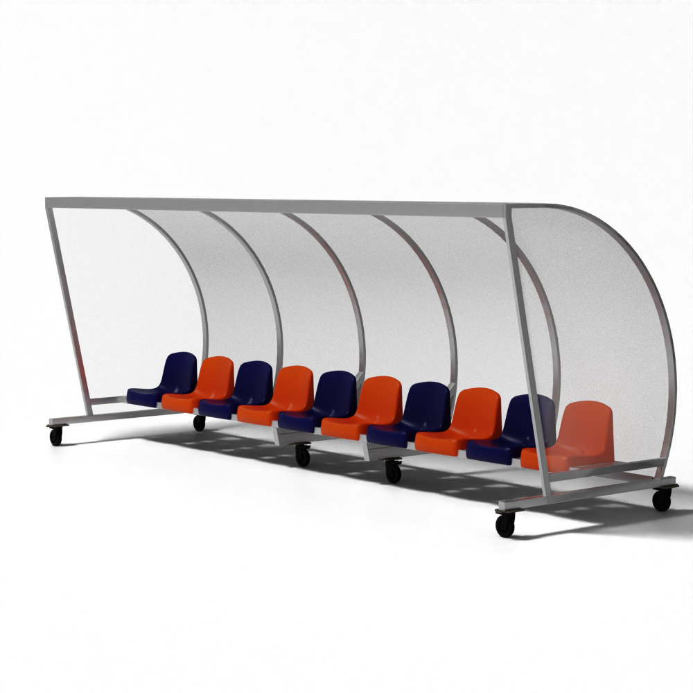 SKOR verrijdbare dug-out met kuipstoelen, lichtgewicht frame en slagvaste beplating