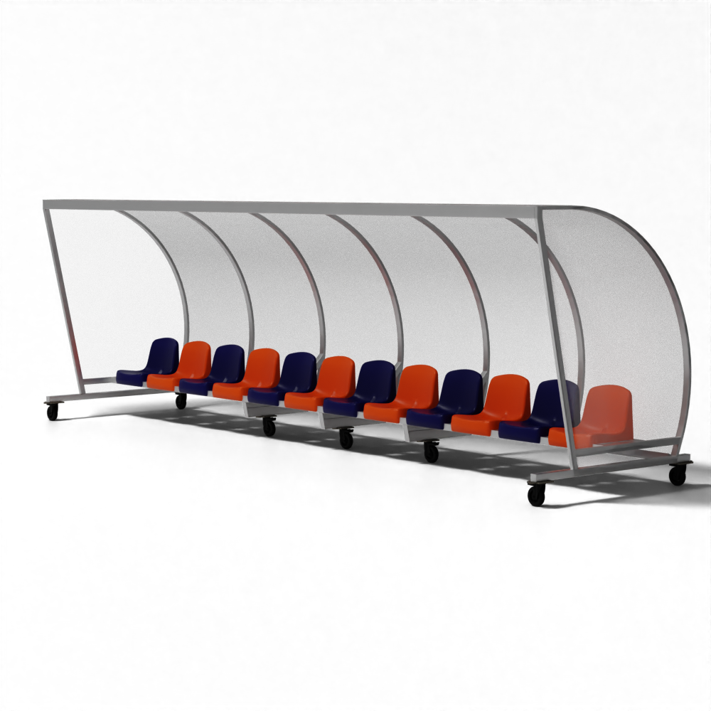 SKOR mobiele dugout met aluminium constructie, 4 wielen en kuipstoelen voor eenvoudig verplaatsen