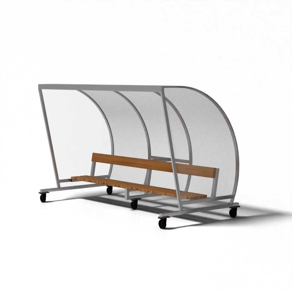 Aluminium verrijdbare dug-out van SKOR met houten bank en transparante polycarbonaat beplating