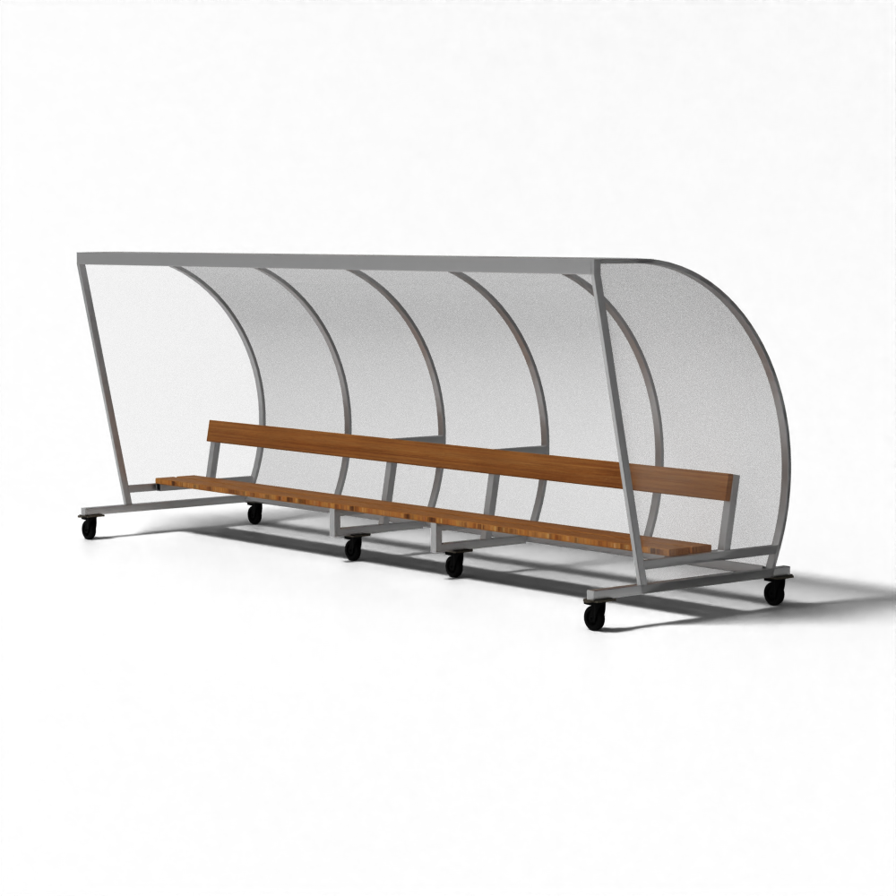 Verrijdbare dugouts van SKOR met robuuste constructie, houten bank en polycarbonaat wanden