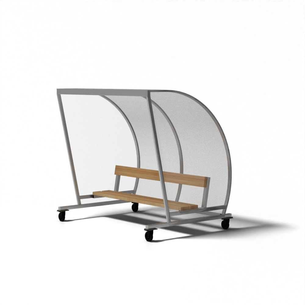Mobiele dugout van SKOR met 4 wielen, aluminium frame en vurenhouten bank voor optimale verplaatsbaarheid