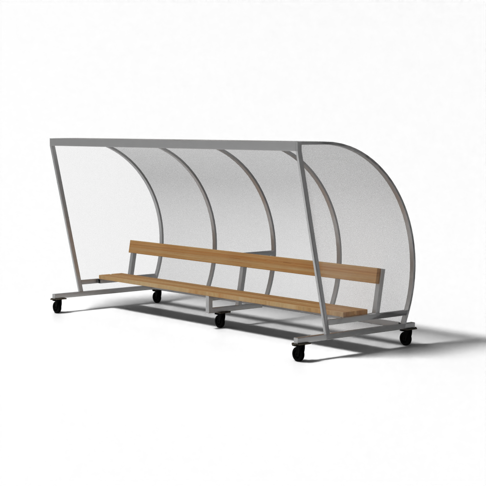 Verrijdbare dug-out van SKOR met 2 zitplaatsen per meter, houten bank en volledig gelast aluminium frame