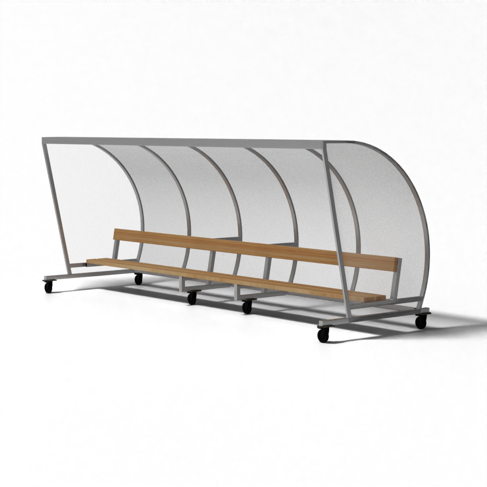 Aluminium mobiele dugout van SKOR met houten banken, 4 grote wielen en transparante beplating

