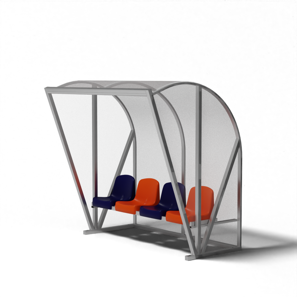 Dugout van 2 meter met transparante zij- en achterwanden, voorzien van vier kuipstoelen in diverse kleuren, volledig aanpasbaar naar wens.