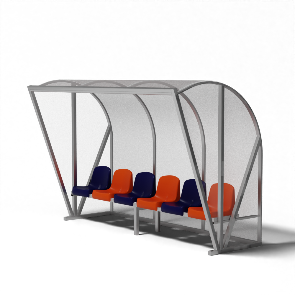 Dugout voor 6 personen met kuipstoelen in kleur naar keuze en transparant achterpaneel, uitgevoerd in een gebogen aluminium frame.