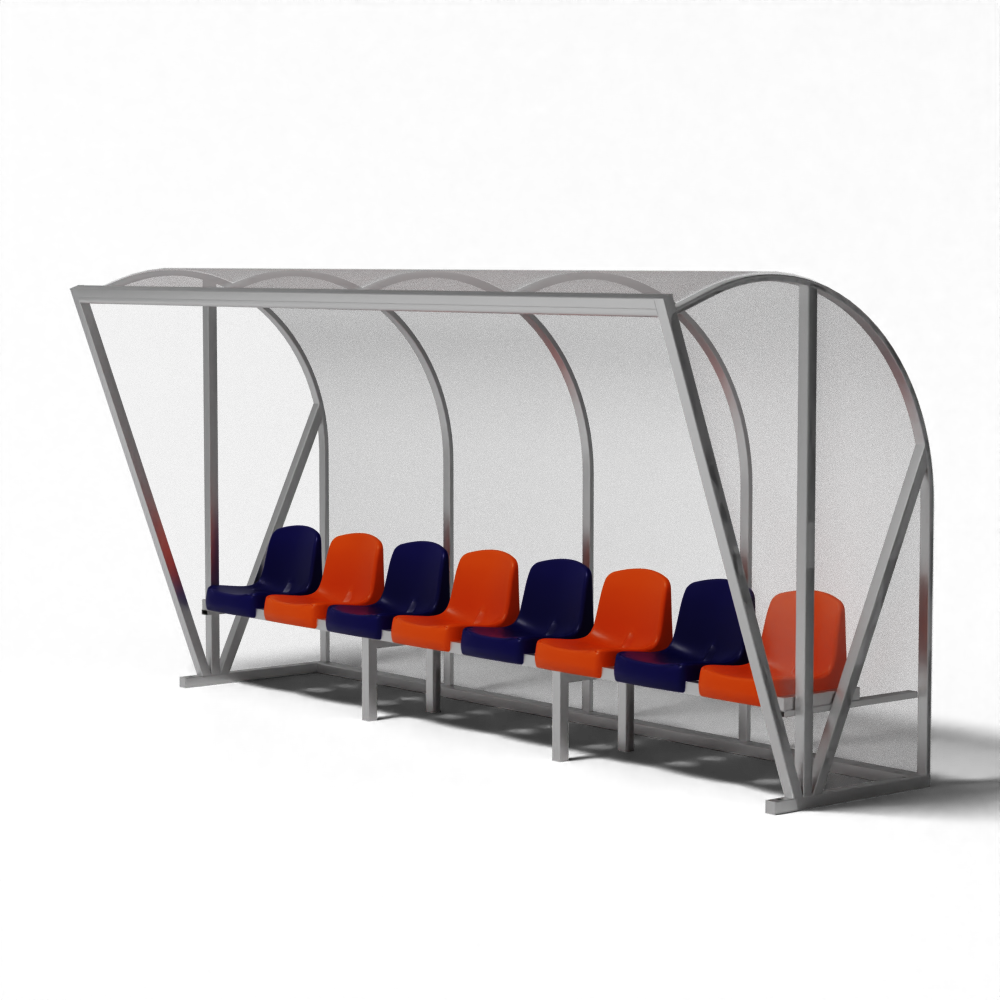 Dugout voor 8 personen met kuipstoelen in kleur naar keuze, transparant achterpaneel en gebogen aluminium frame.