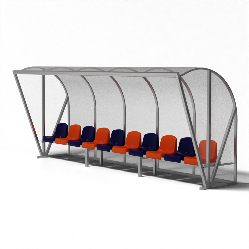 Dug-out voor 10 personen met kuipstoelen in kleur naar keuze, voorzien van transparante overkapping en aluminium frame.