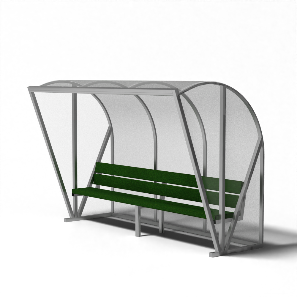Dugout van 3 meter voor 6 personen met transparante zij- en achterwanden, voorzien van een zitbank met gerecycled kunstgras als zitting en rugleuning.