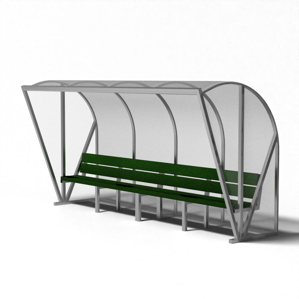 Dugout voor 8 personen met bank van gerecycled kunstgras, transparant achterpaneel en gebogen aluminium frame.