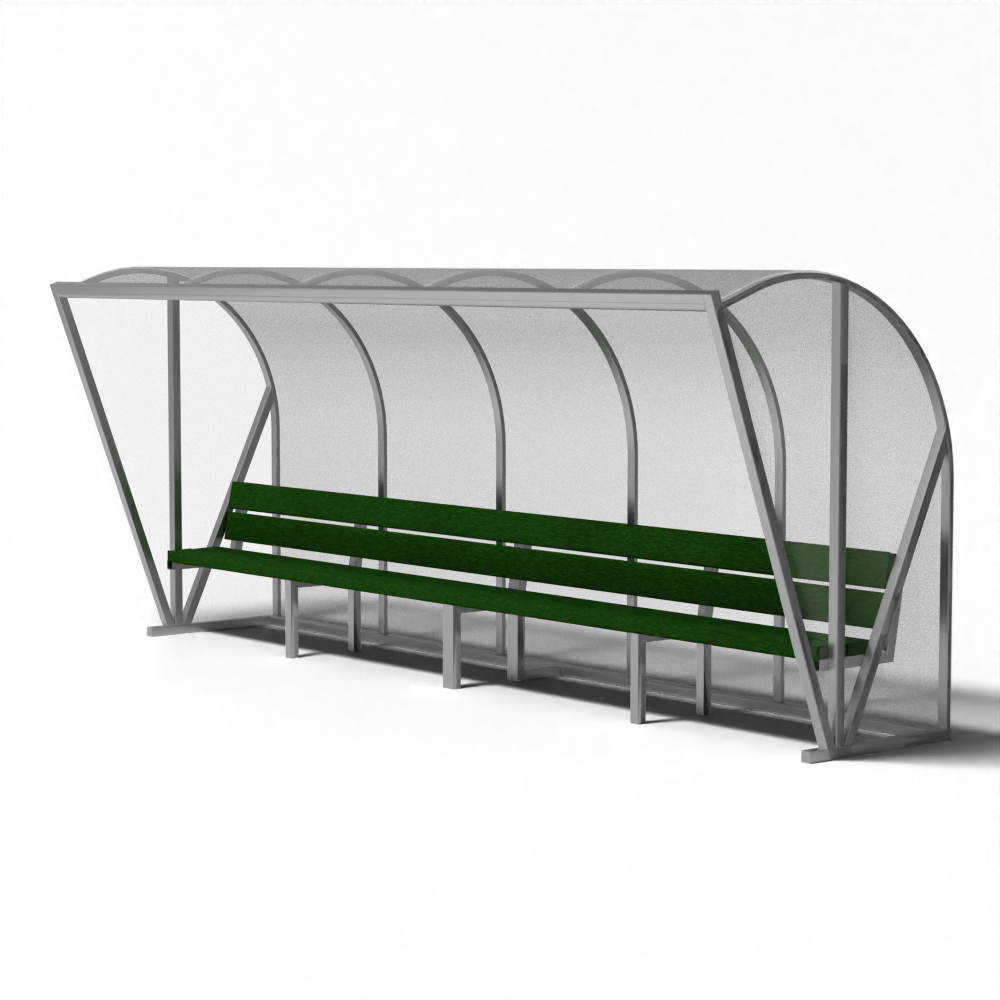 Dugout voor 10 personen met bank van gerecycled kunstgras, transparant achterpaneel en gebogen aluminium frame.