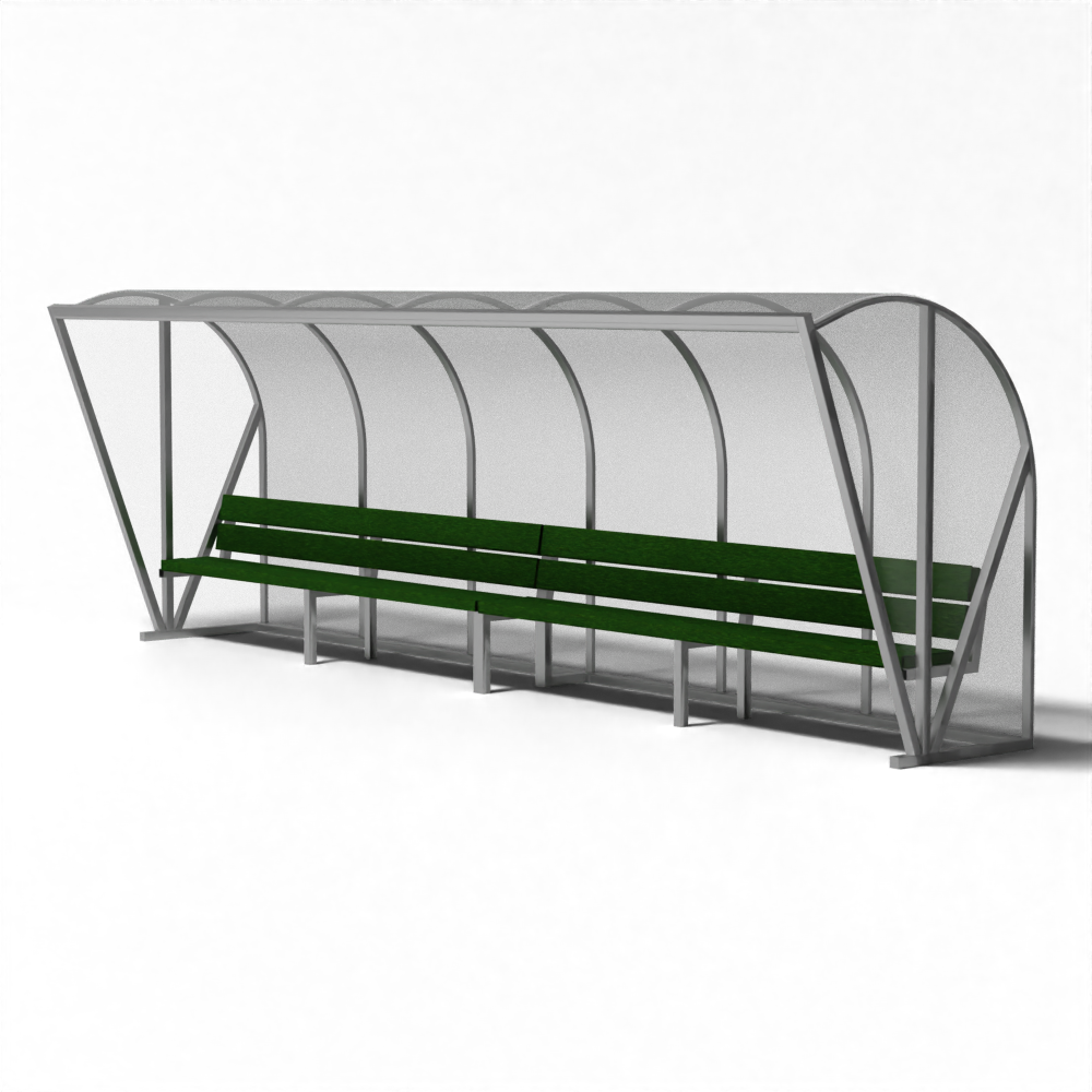 Dug-out voor 12 personen met bank van gerecycled kunstgras, transparante overkapping en aluminium frame