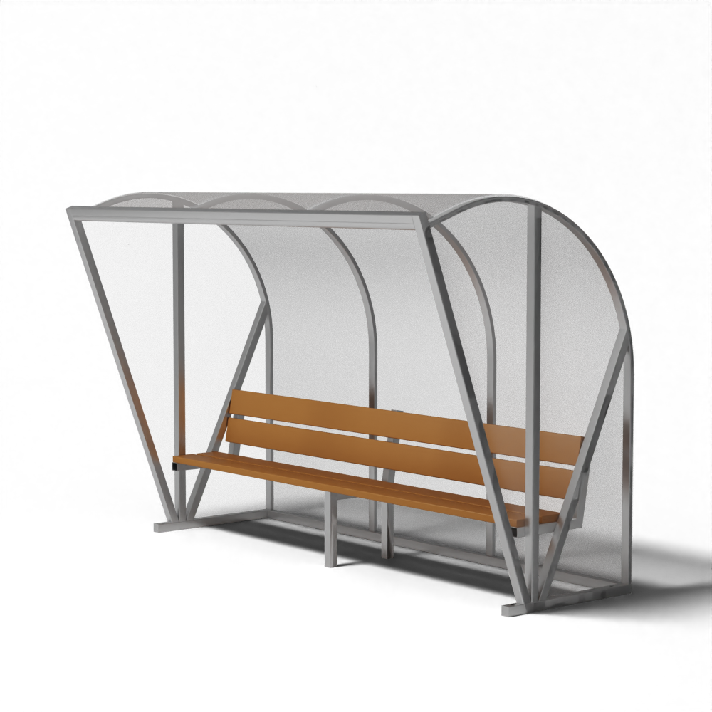 Dugout van 3 meter voor 6 personen met transparante zij- en achterwanden, voorzien van een zitbank met meranti houten zitting en rugleuning.