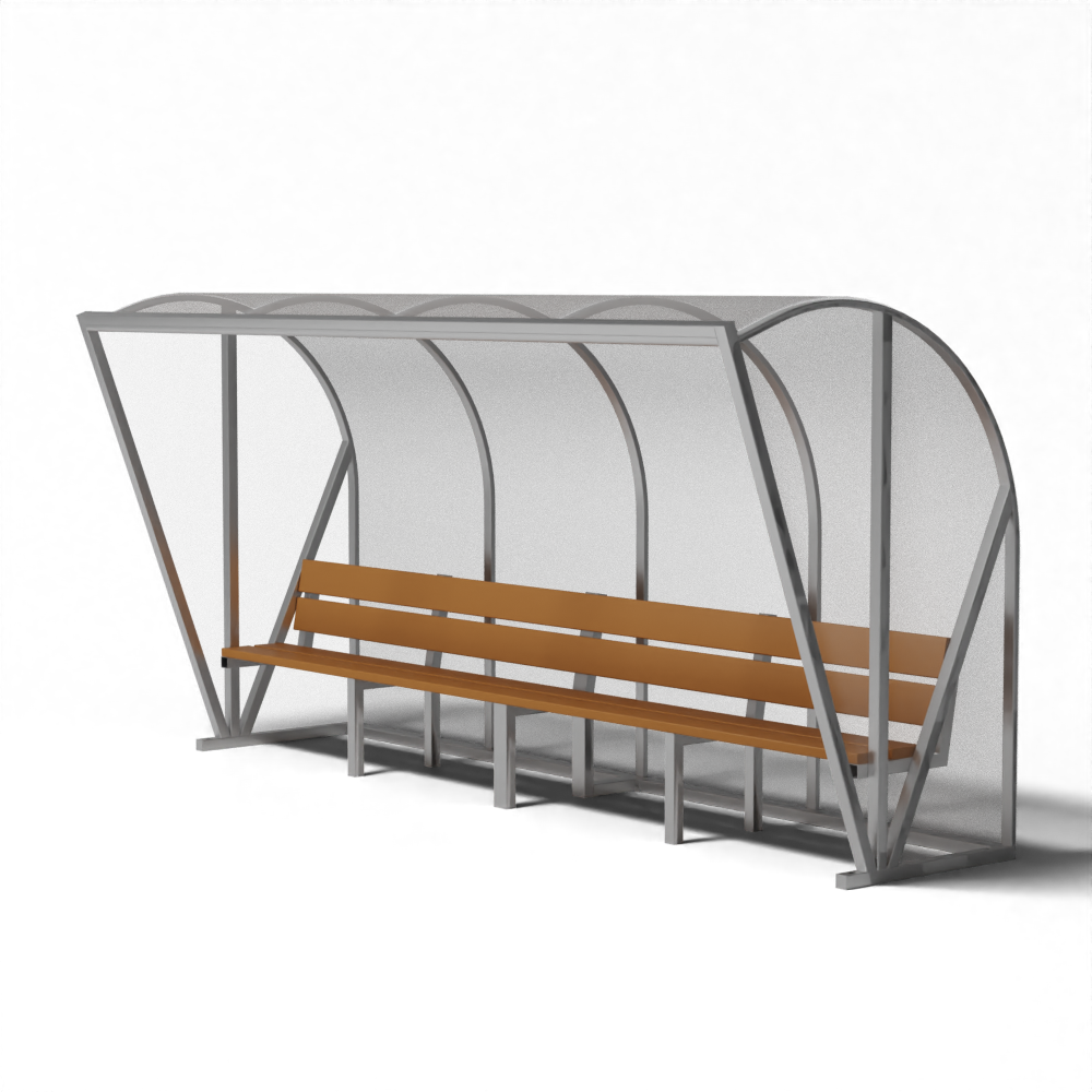 Dugout voor 8 personen met bank van Meranti hout, voorzien van transparant achterpaneel en gebogen aluminium frame.