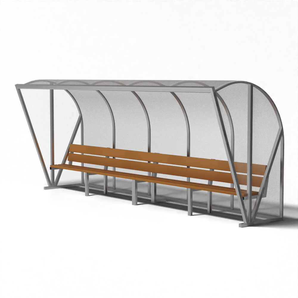 Dugout voor 10 personen met Meranti houten bank, transparant achterpaneel en gebogen aluminium frame.