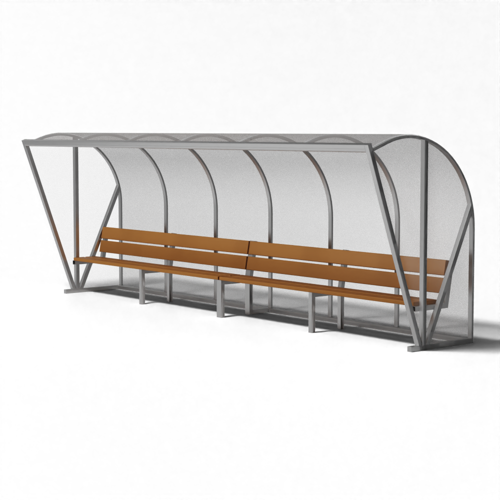 Dug-out voor 12 personen met meranti houten bank, transparante overkapping en aluminium frame.