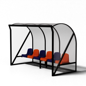 Hockey dugout van gecoat aluminium met kuipstoelen, bronskleurige polycarbonaat beplating en gelast frame