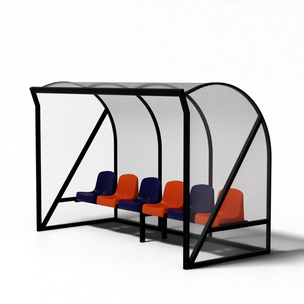 SKOR aluminium hockey dugout met zwarte coating, kuipstoelen en heldere polycarbonaat beplating