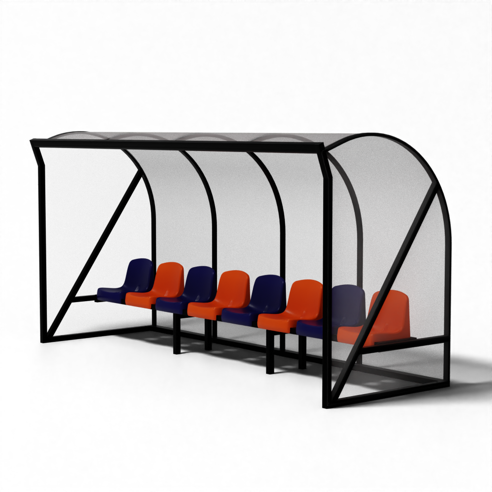 Zijaanzicht hockey dugout van gecoat aluminium met kuipstoelen en bronskleurige polycarbonaat panelen