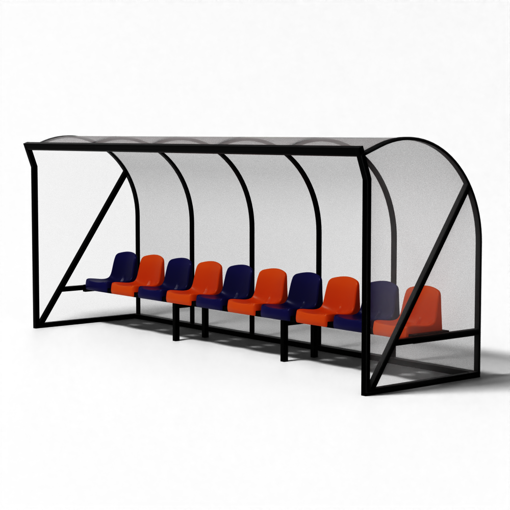 Schuin vooraanzicht van een SKOR hockey dugout met meerdere zitplaatsen