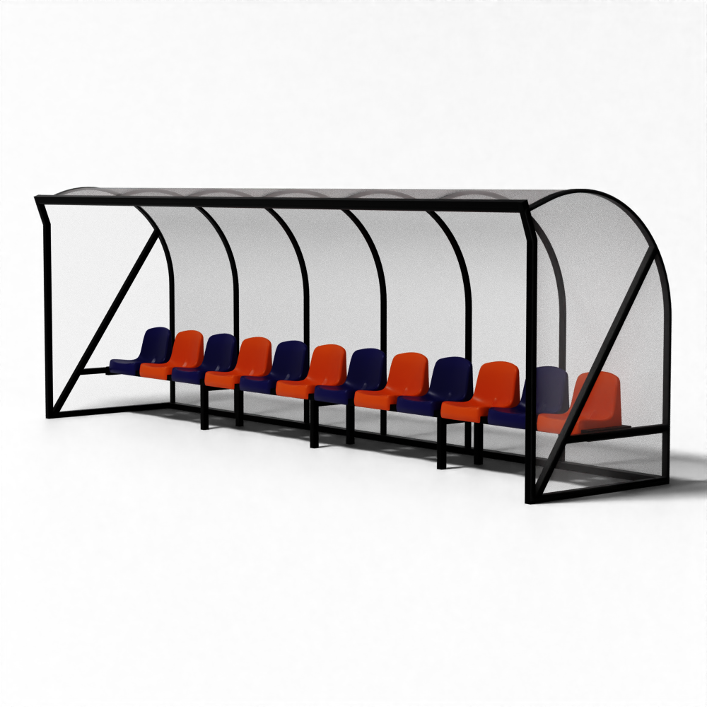 Hockey dugout met open voorzijde, gecoat aluminium frame en luxe kuipstoelen