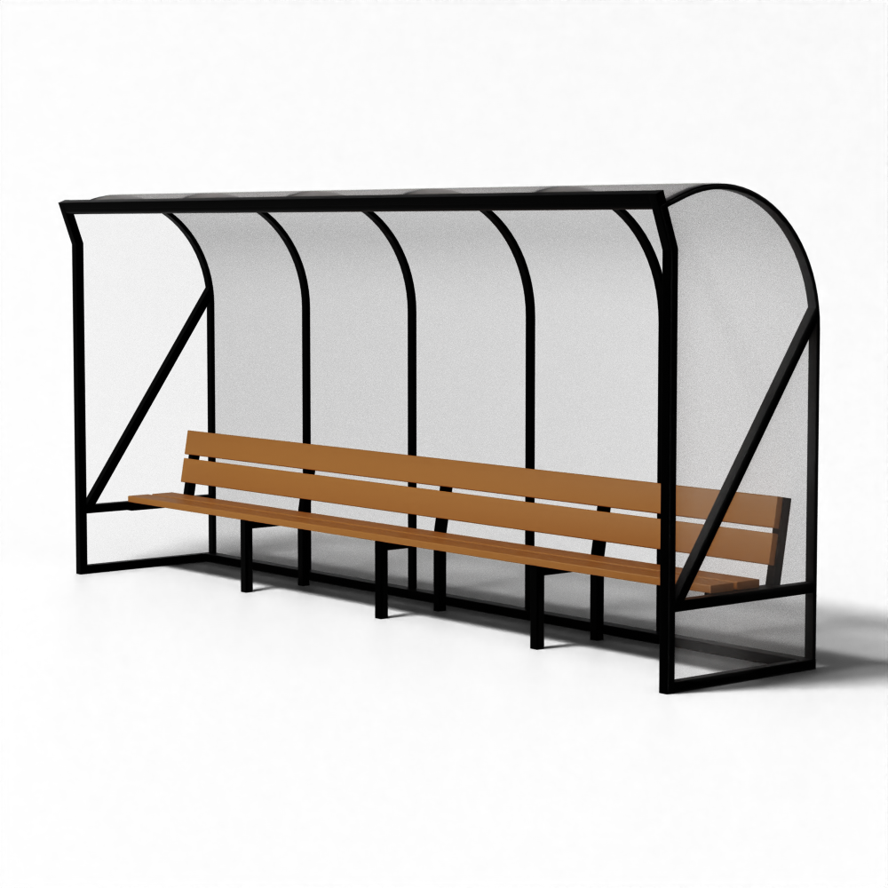 Aluminium hockey dugout Type 2.2 Los Angeles van SKOR met meranti banken en UV-bestendig polycarbonaat.