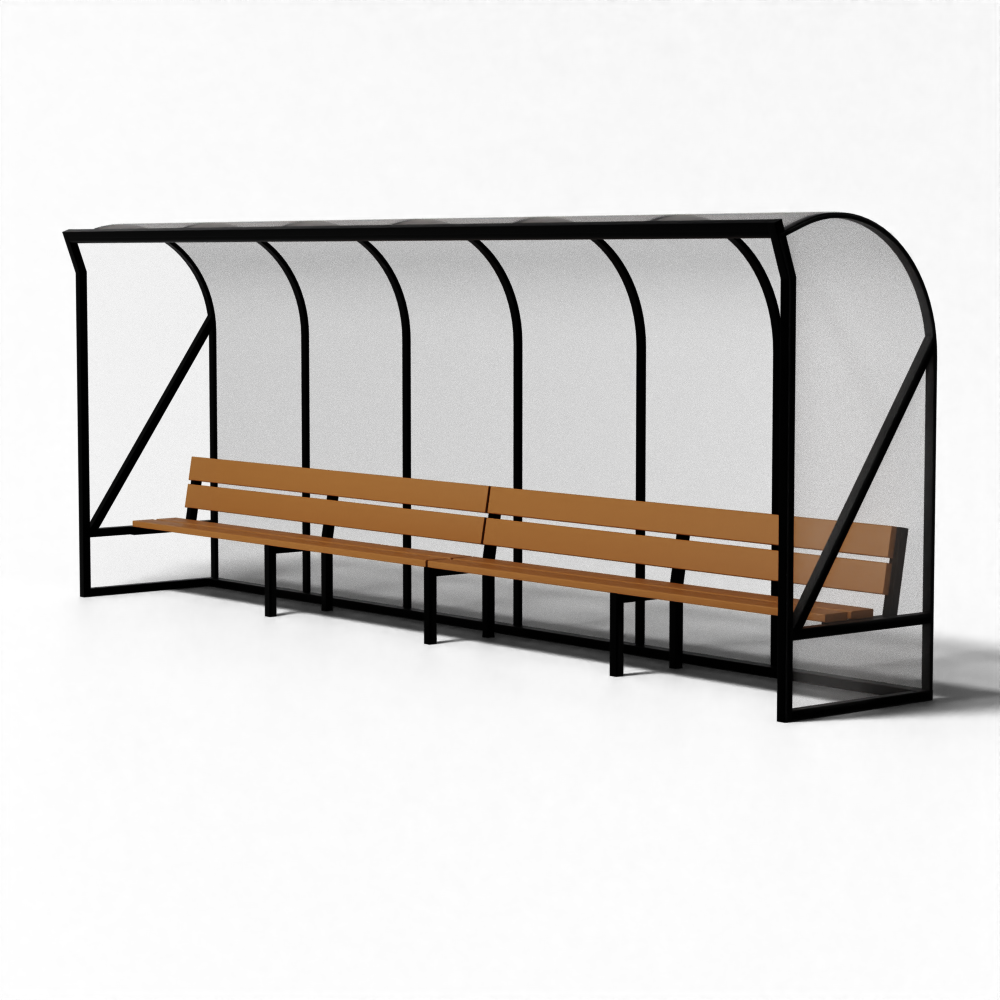 SKOR hockey dugout 2.2 Los Angeles, duurzame aluminium constructie met meranti bank en helder polycarbonaat.