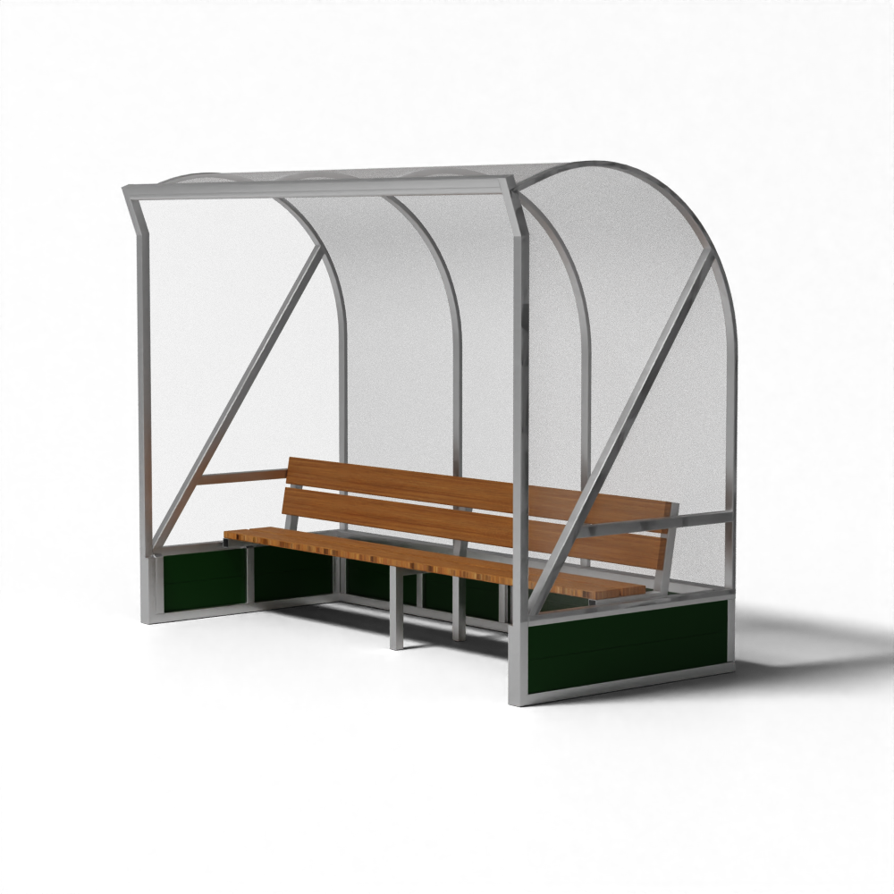 SKOR hockey dugout met houten bank en polycarbonaat dak
