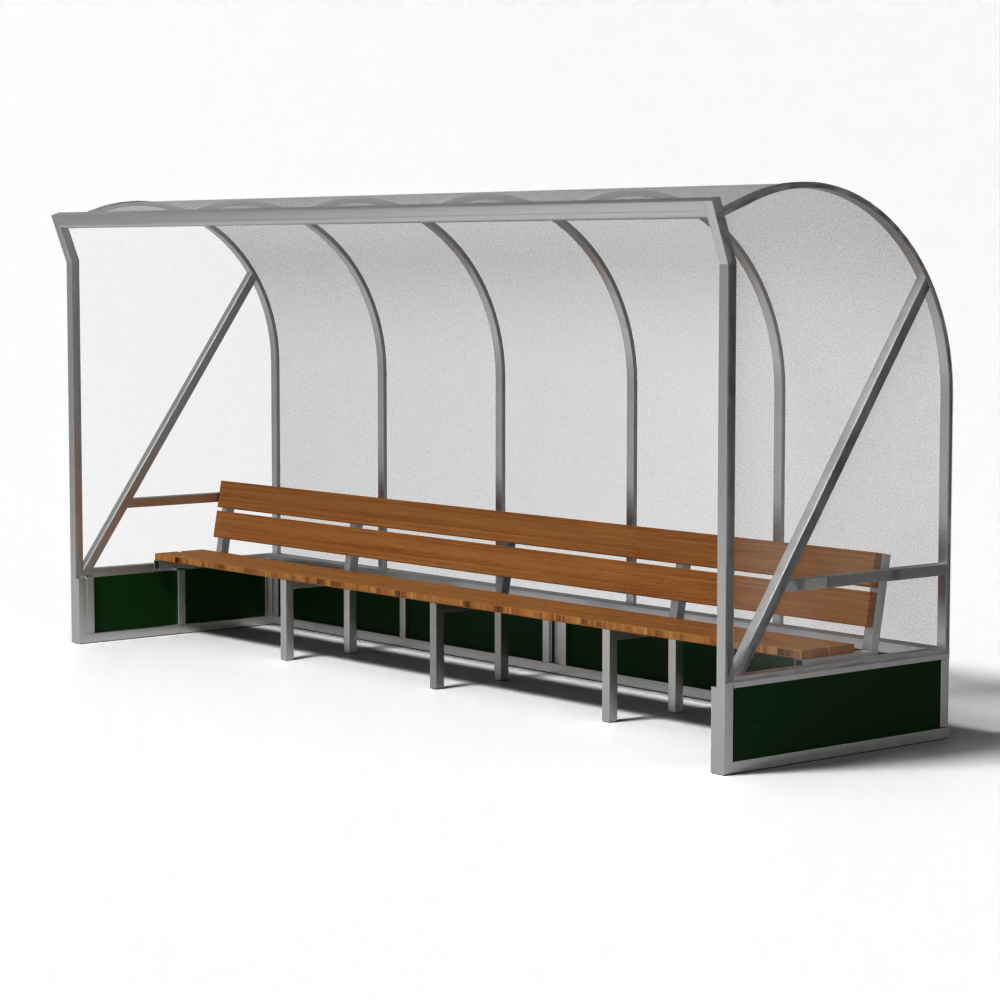 SKOR dugout voor hockey met houten banken en zijpanelen van polycarbonaat
