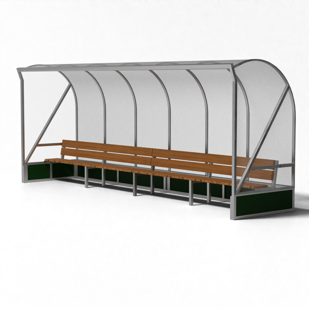 Dugout van SKOR met houten zitplanken en transparante beplating voor hockeyvelden