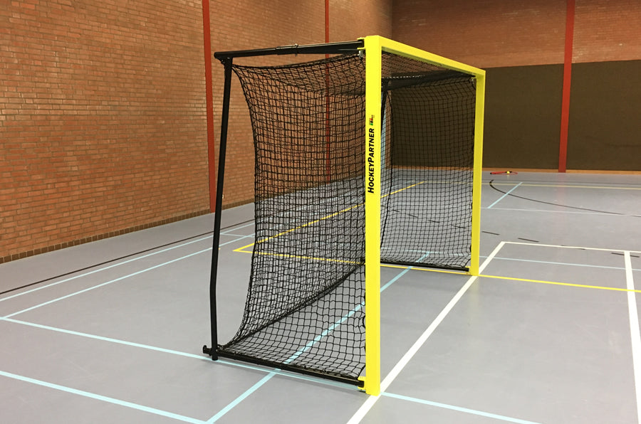 Zaalhockeydoel EHL-X met gele voorpalen en zwarte netbeugels